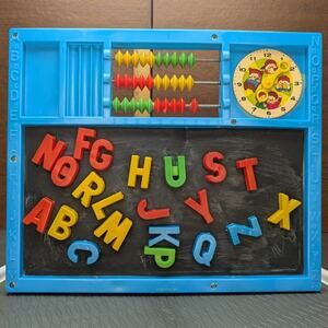 Vtg Double Sided Learning Activity Chalk Board Magnetic Alphabet Clock Abacus